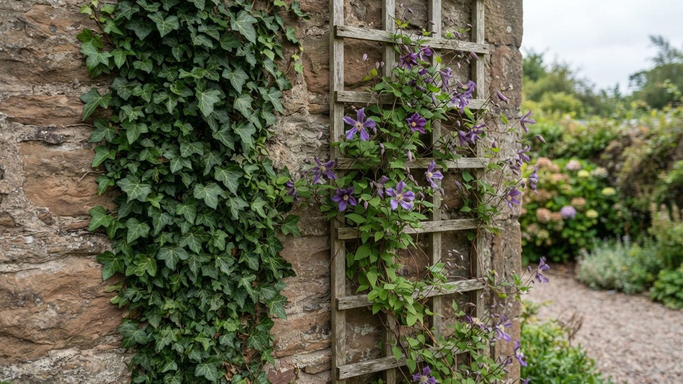 Ivy attached directly to a stone wall with no support structure next to clematis climbing a wooden trellis