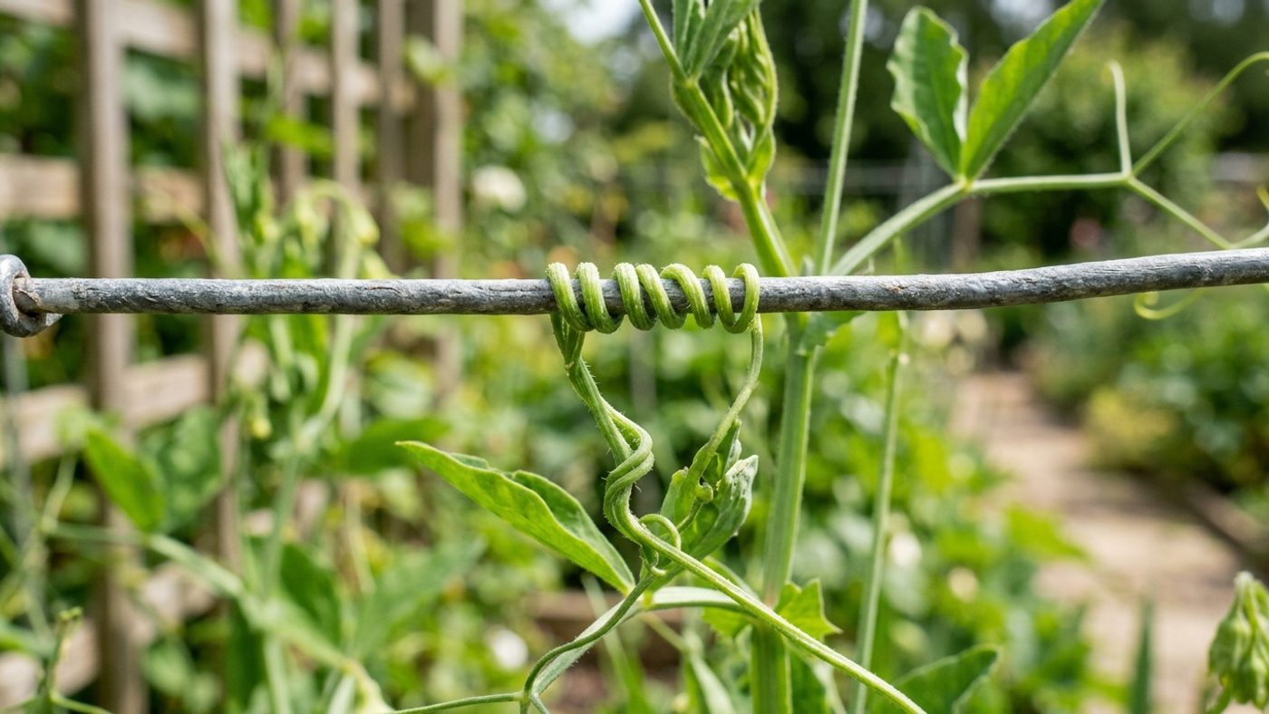 A thin curling tendril wrapped tightly around a taut garden wire