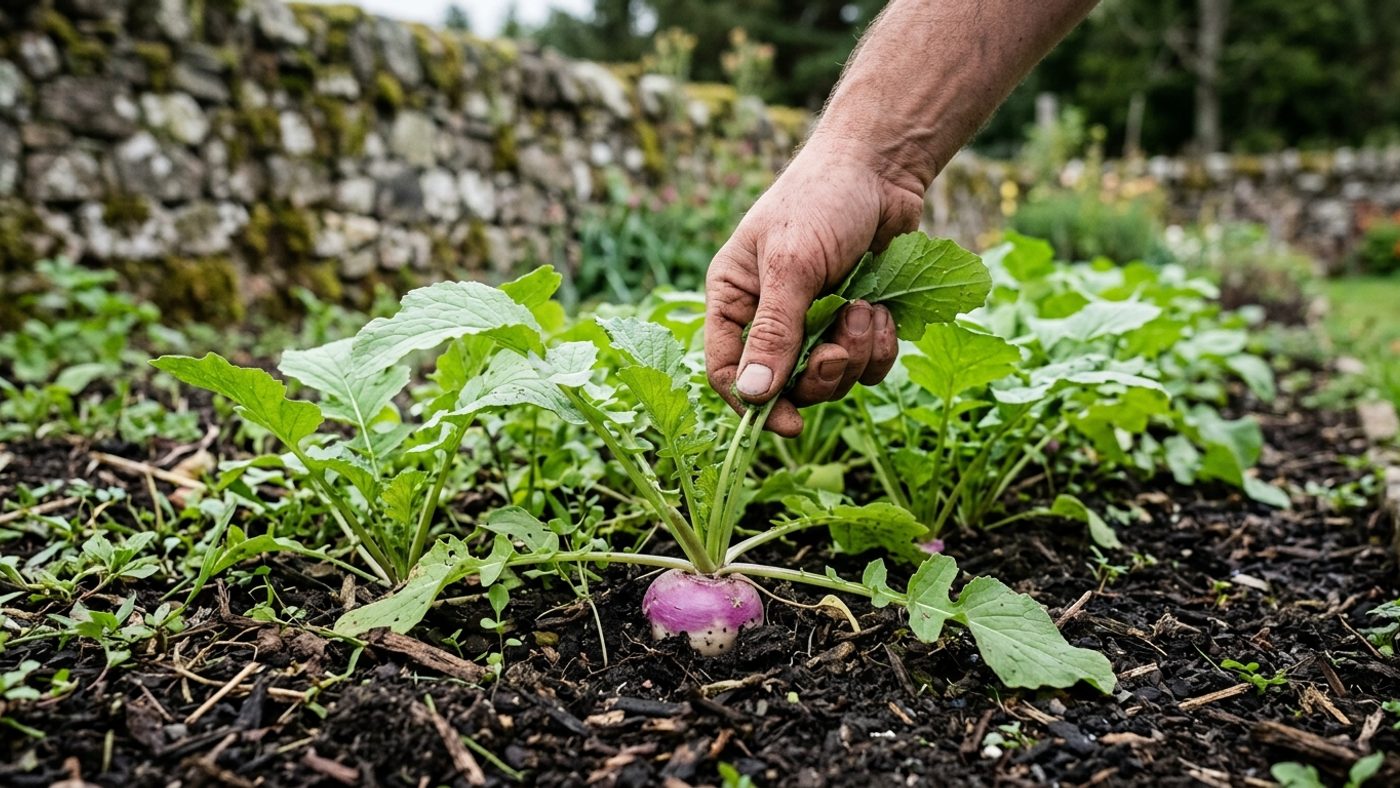 A hand picking young turnip leaves, known as turnip tops, leaving the plant to keep producing