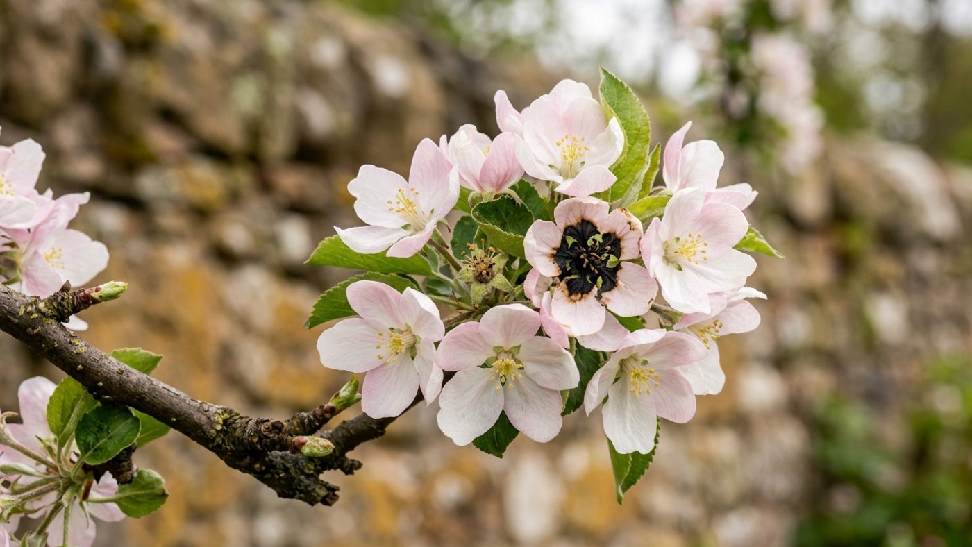 A cluster of apple blossom mostly pale pink and healthy, but one flower with a blackened, frost-killed centre