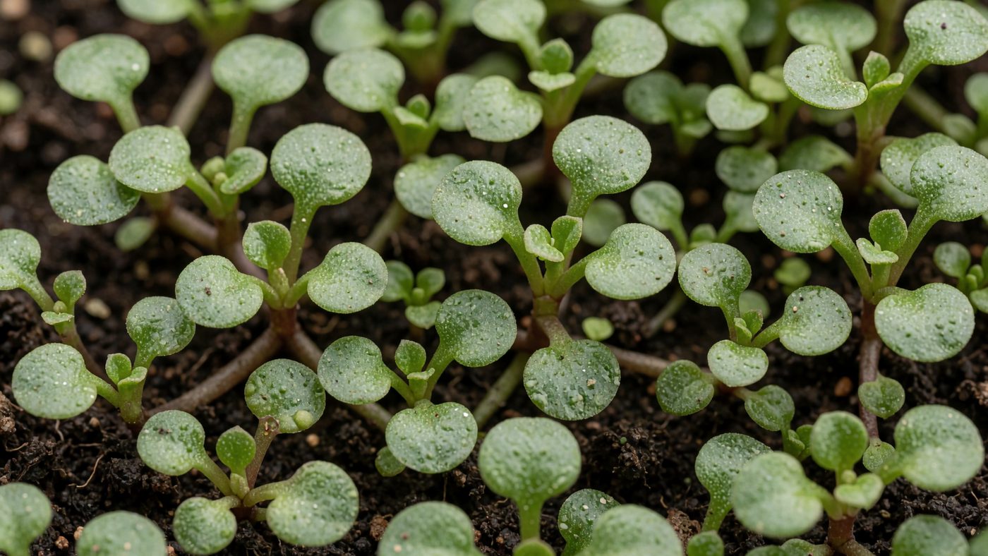 A dense bed of claytonia winter purslane, small round succulent green leaves on slender stems