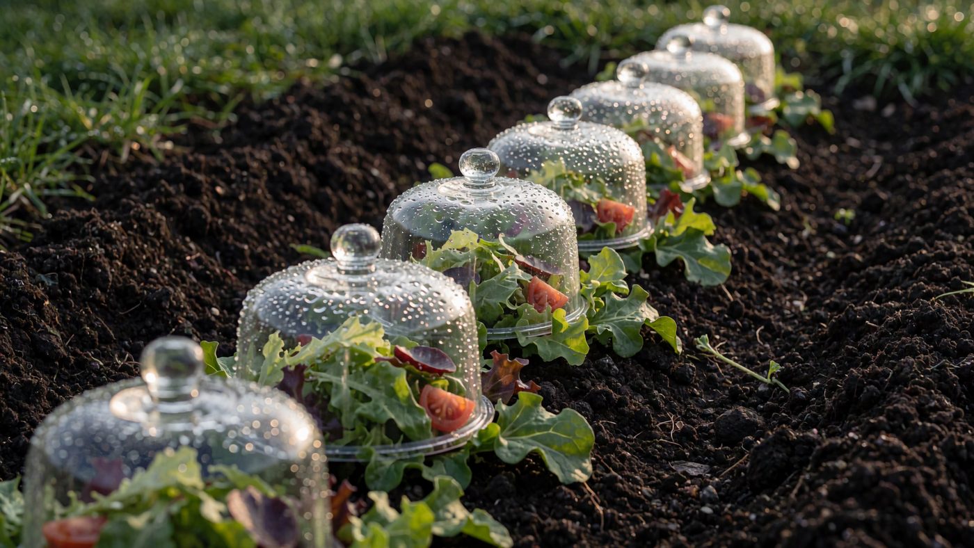 A row of small glass and plastic cloches placed over a salad row, dew on the covers