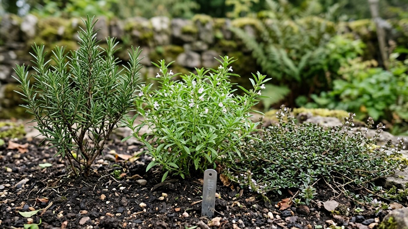 Winter savory, summer savory and creeping savory shown side by side, three genuinely different plants