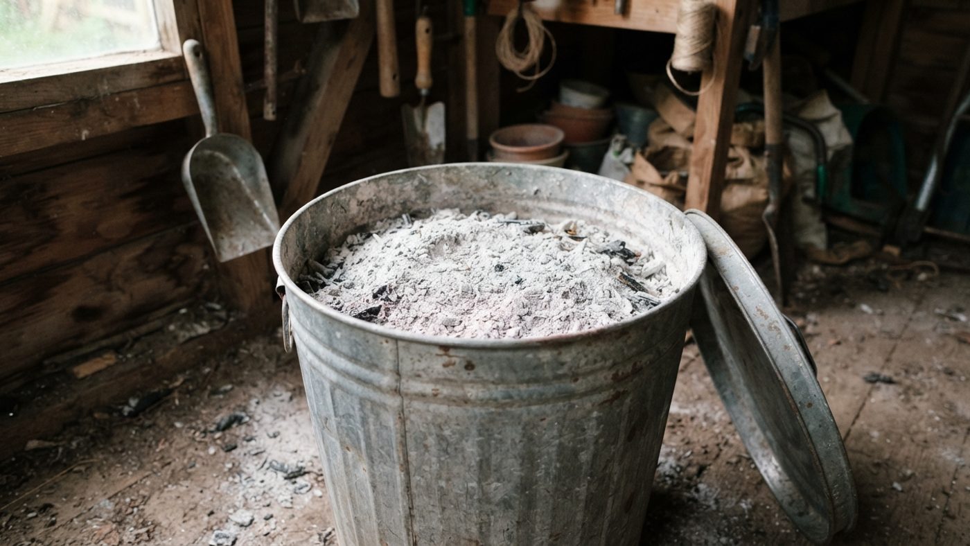 Cooled wood ash being stored dry in a lidded metal container